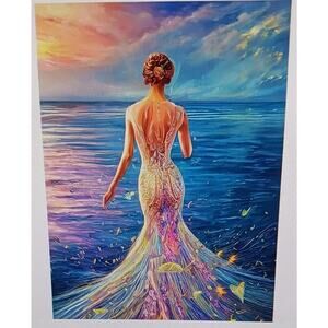 Beautiful Woman in Snug Gown Facing Ocean 5D Diamond Painting Round 30x40cm NEW